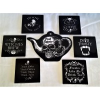 ALCHEMY GOTHIC DESIGNS CERAMIC TEAPOT STAND & COASTERS SET – DEAD THIRSTY SKULL TEAPOT